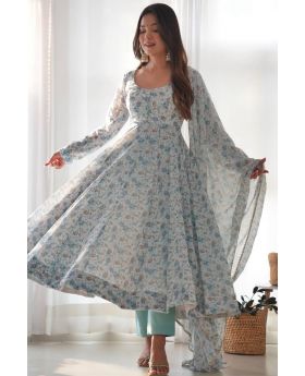 Sky Blue Floral Anarkali Pant Set with Chiffon Dupatta & Full Flair