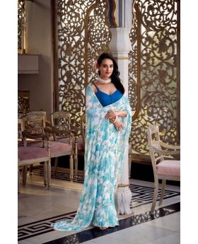 Sky Blue Floral Printed Marble Look Saree with Moonga Silk Blouse