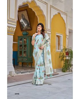 Sky Blue Kota Crystal Saree Embroidery Thread Work & Jacquard Border