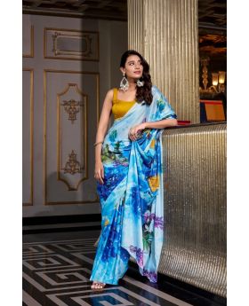 Sky Blue Luxury Satin Silk Saree with Designer Moonga Silk Blouse