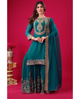 Faux Teal Blooming Three-piece Georgette Sharara Suit Set with Kurta Dupatta.