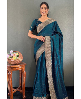 Vichitra silk saree in teal bloom with lovely Zari