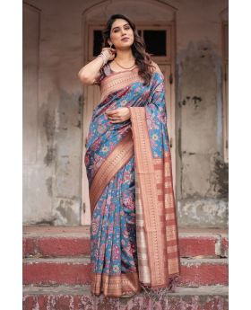 Teal Blue Banarasi Digital Printed Silk Saree