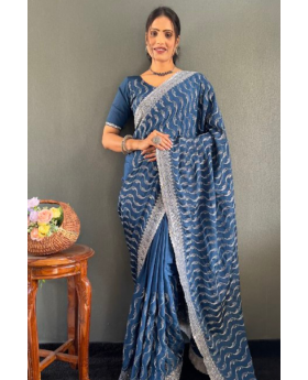 Zari Sequence Embroidered Teal Blue Chinnon Silk Saree