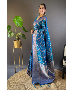 Soft Silk Sarees in Teal Blue with Triple Zari's Distinct Paan Weaves
