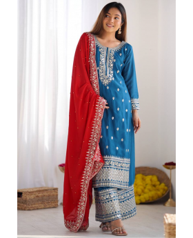 Three-piece Kurta Dupatta Sharara Suit Set in Teal Chinnon Silk