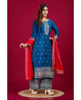 Chinnon silk in teal with a lot of embroidery Set of Kurta Dupattas