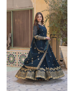 Teal Georgette Gown with Dupatta and Faux Blooming