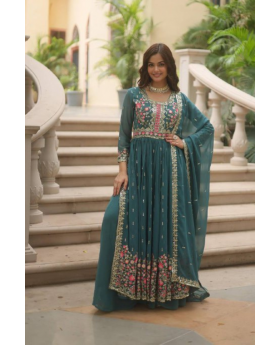 Faux Teal Georgette Dress with Embroidered Dupatta