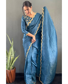 Silk Saree in Teal Gold Crush with Designer Border Work