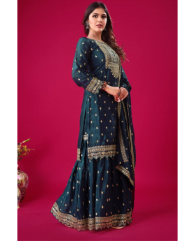 Three-piece Kurta Dupatta Sharara Suit Set in Teal Heavy Chinon Silk 
