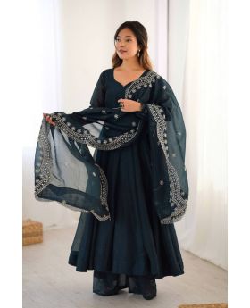 Teal Heavy Fandy Silk Anarkali Dupatta Suit Set Embroidered