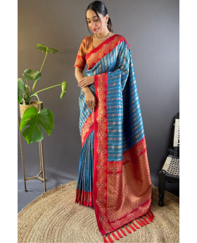 Traditional Zari Woven Saree in Teal from Kanchipuram Pattu
