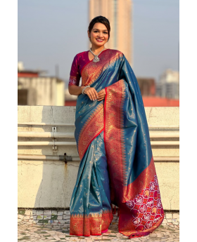 Sarees made of teal Katki silk with floral designs