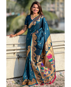 Paithani sarees in teal with zari patterns throughout