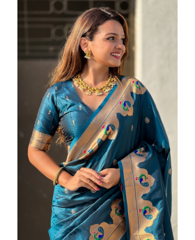 Paithani sarees in teal with zari patterns throughout