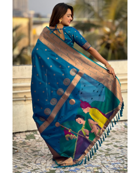 Soft silk sarees in teal Paithani with floral designs