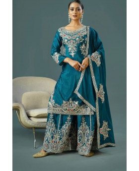 Embroidered Sharara Dupatta Set in Teal Pure Chinnon Silk
