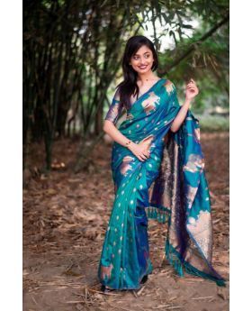 Soft moonga silk sarees in teal with zari designs