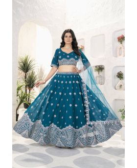 Teal Blue Faux Georgette Lehenga Set with Heavy Sequin Embroidery