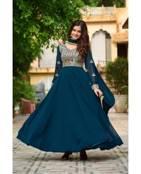 Teal Embroidered Faux Blooming Gown with  Lace Dupatta