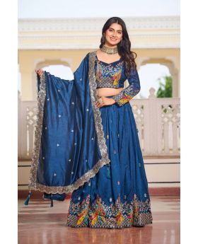 Teal Vichitra Lehenga Choli Dupatta Set with Thread Embroidery