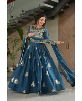Turquoise Blue Chinnon Fabric gown With Dupatta Embroidered