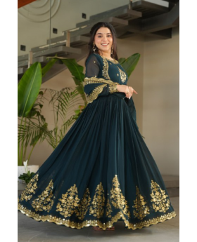 Faux Blooming Turquoise Blue Georgette Anarkali Gown with Dupatta and Zari Thread