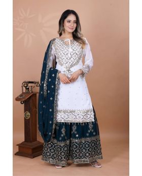 Turquoise Blue Heavy Faux Georgette Sharara Dupatta Suit Set