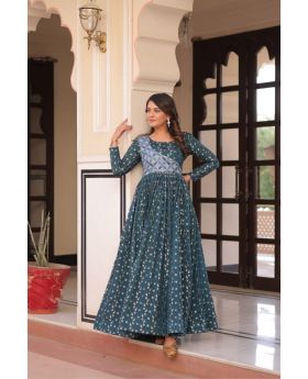 Turquoise Blue Print Jequard Work Gown With Print Choli Design
