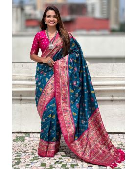 Turquoise BLue Pure Patola Premium Silk Saree Zari Woven Work.