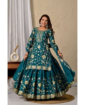 Turquoise Blue Chinnon Silk Lehenga Kurti Dupatta Set Embroidered