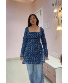 Handblock Printed Cotton Kurti with Square Neckline