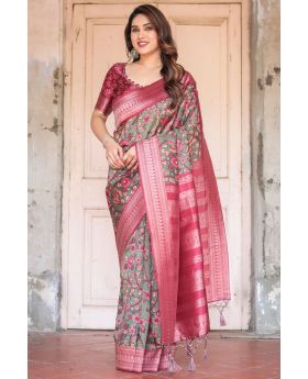Rich Olive Green Base Banarasi Digital Printed Silk Saree