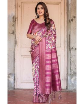 Rich Wine Purple Banarasi Digital Printed Silk Saree