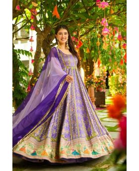 Elegant Floral Print Gown in Chinon Silk with Organza Dupatta