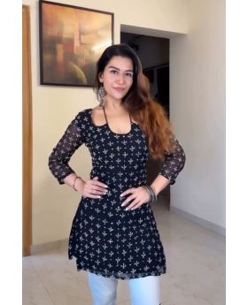 Black Georgette Short Kurti for Women Printed Design