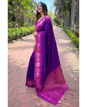 Little designs on a violet soft silk saree Zari Weaving