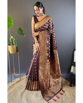 Tiny zari weaving adorn brown Banarasi Katan Silk Sarees.