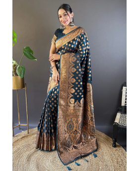 small zari weaves on teal Banarasi Katan Silk Sarees.
