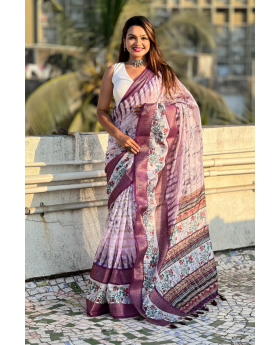 Flower-patterned Wine Soft Chanderi Crush Saree 