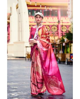 Pink Elegant Digital Floral Printed Satin Silk Saree