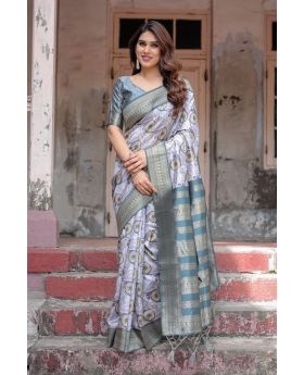 Lavender & Grey Tones Banarasi Silk with Digital Print Saree
