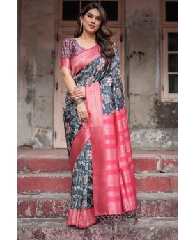 Black & Pink Tones Banarasi Silk with Digital Print Saree