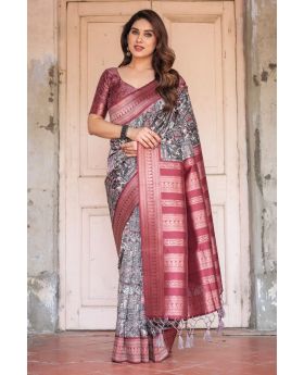 Black with Rich Rust & Red Banarasi Digital Printed Saree