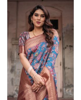 Teal Blue Banarasi Digital Printed Silk Saree