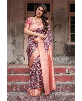 Elegant Wine Maroon Banarasi Digital Printed Silk Saree