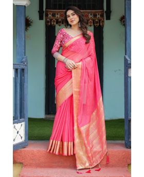 Bright Hot Pink flowy Chiffon Saree floral weave