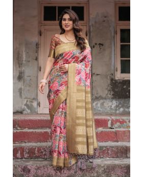 Stunning Floral Multi-Color Banarasi Digital Printed Silk Saree