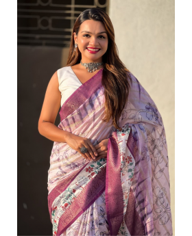 Flower-patterned Wine Soft Chanderi Crush Saree 